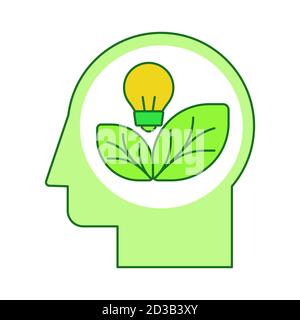 Eco energy awareness concept light bulb leaf in head white isolated background with green theme flat outline style Stock Vector