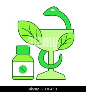Herbal medicine concept bottle snake leaf on glasses white isolated background with green theme flat outline style Stock Vector