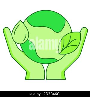 Save the planet concept hand hold earth water drop leaf white isolated background with green theme flat outline style Stock Vector