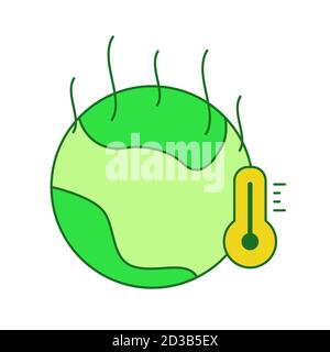 Global warming concept earth heat evaporate thermometer white isolated background with green theme flat outline style Stock Vector
