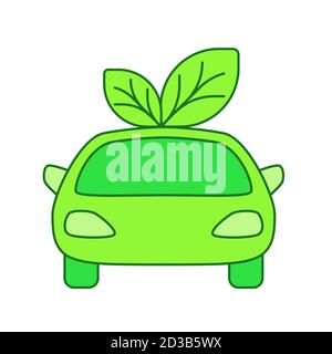 Eco car concept leaf on car white isolated background with green theme flat outline style Stock Vector