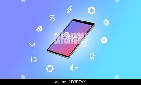Realistic isometric smartphone with DeFi decentralized finance text and coins icons around on a light background. Beautiful gradient blue to pink. Stock Vector