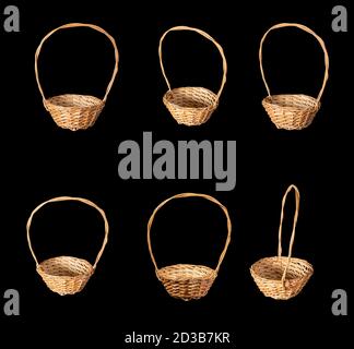 Wooden flower basket with isolated on a black background. Stock Photo