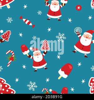 Seamless Christmas pattern. New Year pattern with Santa Claus, Christmas tree, ice cream, candy and candy. Vector illustration Stock Vector