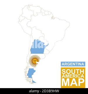 South America contoured map with highlighted Argentina. Argentina map and flag on South America map. Vector Illustration. Stock Vector