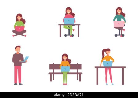 People working on computer and home and in office flat icons isolated vector illustration Stock Vector