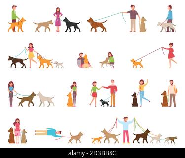 Young people are walking dogs. Variety of rocks. The dog is next to its owner on a leash. Vector illustration in a flat style on a white background Stock Vector