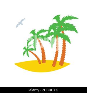 Four palms on a sandy island with a seagull passing by. Icon. Vector illustration Stock Vector