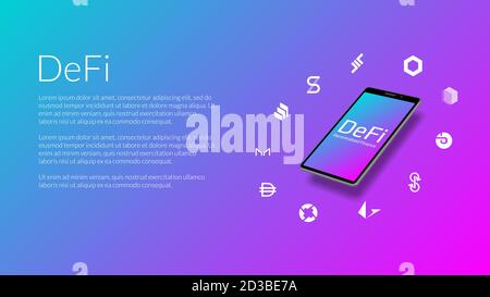 DeFi decentralized finance information website header mockup with realistic isometric smartphone and coin icons around. Beautiful gradient blue to pin Stock Vector