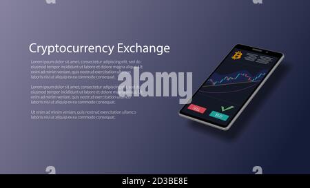 Website header mockup for cryptocurrency exchange with realistic isometric smartphone with stock chart and bitcoin icon on screen. Vector EPS10. Stock Vector