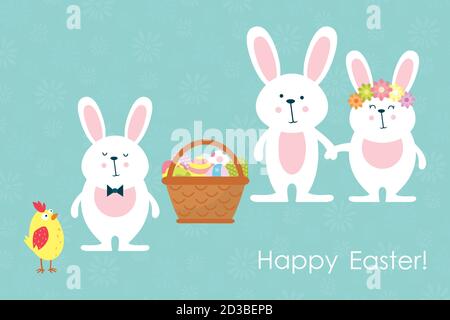 Easter bunnies,chicken and easter eggs. Vector illustration Stock Vector