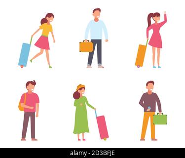 Traveling people, isometric icons with men and women in different poses and luggage, isolated vector illustration Stock Vector