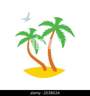 Two palm trees on a sandy island with a passing seagull. Icon. Vector illustration Stock Vector