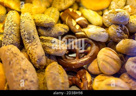 Bread, bread products close-up on a shelf in the store. Stock Photo