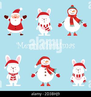 Santa Claus, two funny snowmen, three hares, cartoon set vector set, cute style isolated on blue background illustration Stock Vector