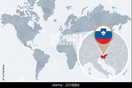 Abstract blue world map with magnified Slovenia. Slovenia flag and map. Vector Illustration. Stock Vector