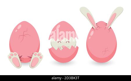Easter, greeting card with a cute bunny, hatched from a pink egg. Vector cartoon style illustration Stock Vector