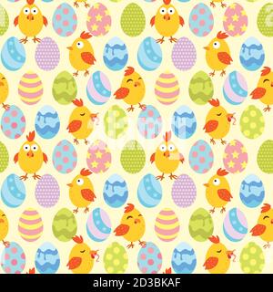 Yellow wallpaper with yellow chickens in different poses in colorful eggs. Suitable for easter. Pattern. Vector. Stock Vector