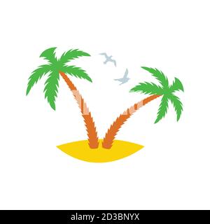 Two palm trees on a sandy island with flying past gulls. Icon. Vector illustration. Stock Vector