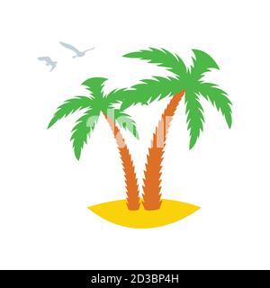 Two palm trees on a sandy island with flying past gulls. Icon. Vector illustration Stock Vector