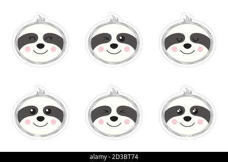 A set of flat smileys in the shape of a sloth. Cute cartoon pictures. Stickers. Vector illustration Stock Vector