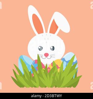 Rabbit and four Easter eggs in the grass. Element for design. Vector. Stock Vector