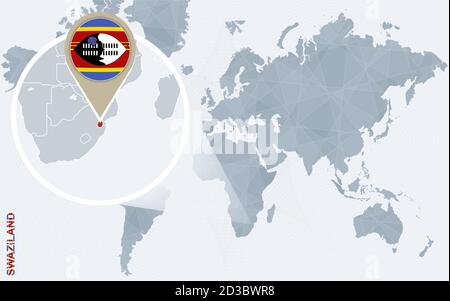 Abstract blue world map with magnified Swaziland. Swaziland flag and map. Vector Illustration. Stock Vector