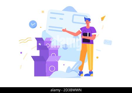 Guy deals with sending parcels by mail in flat style Stock Vector