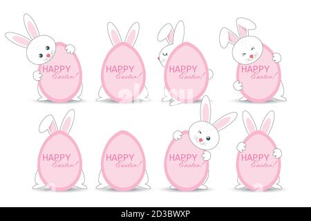 A set of Easter bunnies hiding behind a pink egg with an Easter holiday inscription. Vector illustration Stock Vector