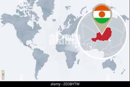 Abstract blue world map with magnified Niger. Niger flag and map. Vector Illustration. Stock Vector