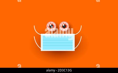 Minimalistic creative poster with eyeballs and medical mask on orange background Stock Vector