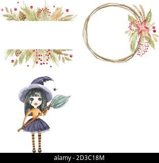 Merry Christmas holiday wreath. Winter floral frame. Gold hand lettering scrapbooking set. Wedding Xmas card. Scrapbook elements Vector Stock Vector