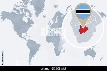 Abstract blue world map with magnified Botswana. Botswana flag and map. Vector Illustration. Stock Vector