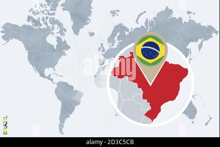 Abstract blue world map with magnified Brazil. Brazil flag and map. Vector Illustration. Stock Vector