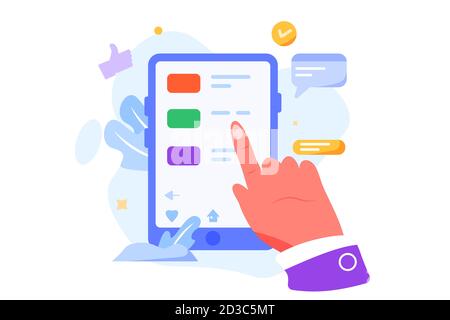 A woman s hand makes a choice of goods in a mobile application. Stock Vector