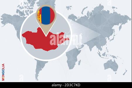 Abstract blue world map with magnified Mongolia. Mongolia flag and map. Vector Illustration. Stock Vector