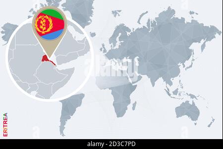 Abstract blue world map with magnified Eritrea. Eritrea flag and map. Vector Illustration. Stock Vector