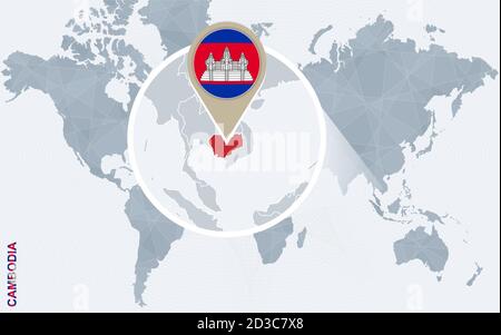 Abstract blue world map with magnified Cambodia. Cambodia flag and map. Vector Illustration. Stock Vector