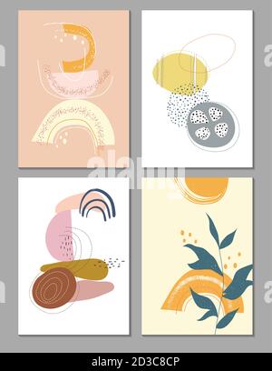 Collection of contemporary art posters in pastel colors. Abstract cut geometric elements and strokes, leaves and dots. Deisgn for social media, postca Stock Vector