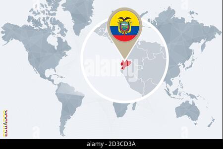 Abstract blue world map with magnified Ecuador. Ecuador flag and map. Vector Illustration. Stock Vector