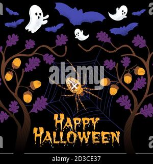 Square Happy Halloween Composition with spooky bats, ghost, spider and spider net in a mystical forest before a black background for instagram banners Stock Vector