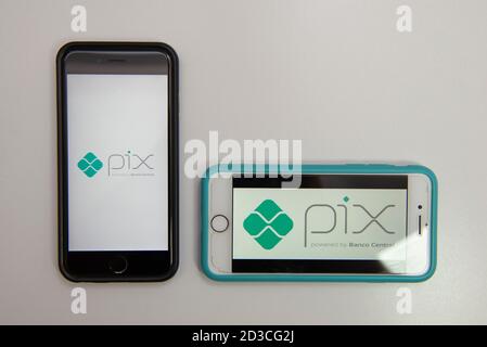 Florianopolis, Brazil. 07/10/2020: Two smartphones with the PIX logo, new payment system and instant money transfer from the Central Bank of Brazil. S Stock Photo