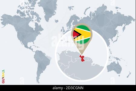 Abstract blue world map with magnified Guyana. Guyana flag and map. Vector Illustration. Stock Vector