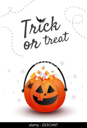 Trick or treat banner. Creative vertical poster with Halloween candy pumpkin bag with decor on orange background with copy space. Stock Vector