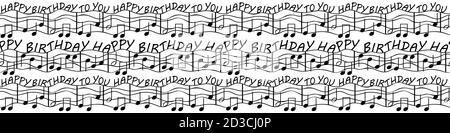 Vector birthday congratulations music border Repeat banner with musical notes, staff, crotchets, minims, treble clef. Black and white design Stock Vector