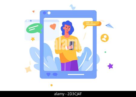Girl doing social media marketing in flat style. Stock Vector