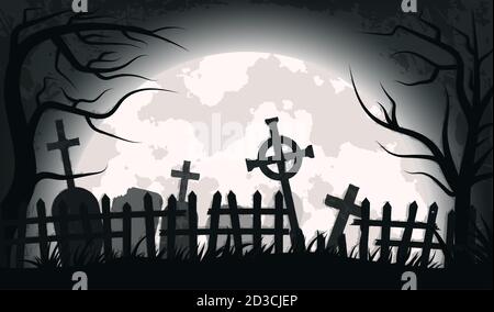 Old scary cemetery with gravestones and crosses. Special for Halloween. EPS 10 Stock Photo