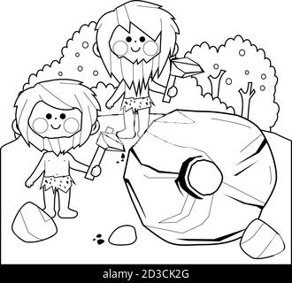 Cavemen inventing the wheel. Vector black and white coloring page Stock Vector