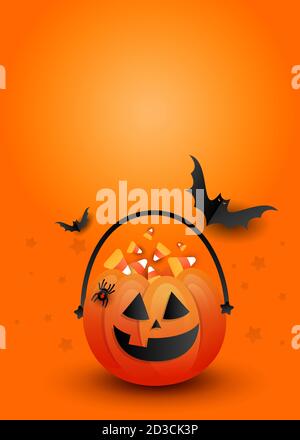 Halloween candy pumpkin bag with scary black bats on an orange background with copyspace. Creative vertical poster mockup Stock Vector