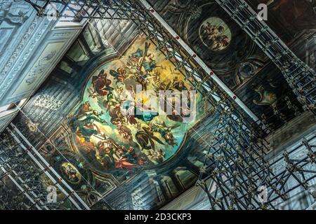 Campli, Teramo province, Italy, Abruzzo, Europe. Cathedral of Santa Maria in Platea, wooden ceiling painted in the 18th century surrounded by safety s Stock Photo
